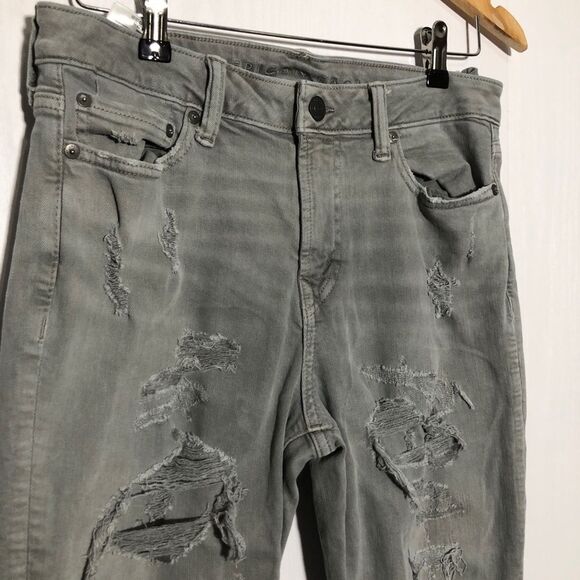 American Eagle Mens Jeans 30 W Gray Wash AirFlex Patched Move-Free Slim Grunge - Picture 2 of 12